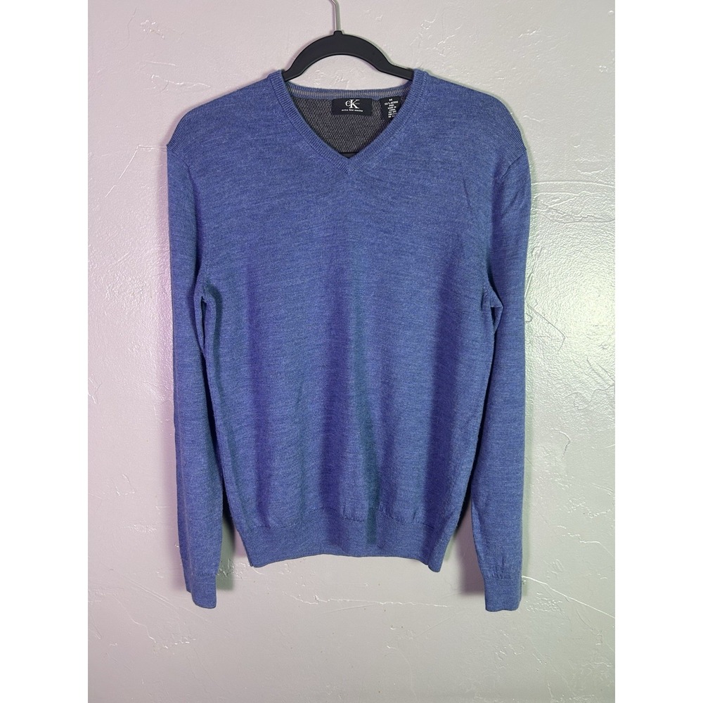 Calvin Klein Extra Fine Merino Wool Knit Sweater Men's M Blue V-Neck